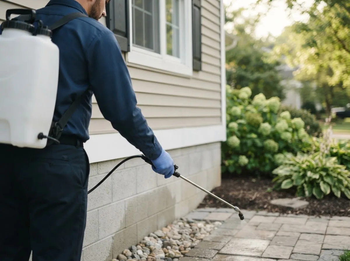 Pest control technician inspecting a home in Franklin, ME